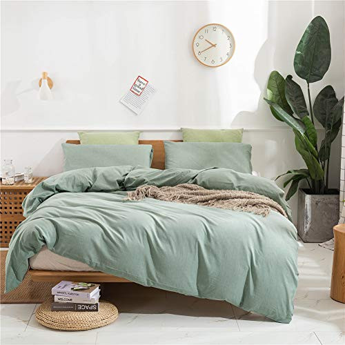 Janlive Washed Cotton Duvet Cover Queen Ultra Soft 100% Natural Cotton Solid Green Duvet Cover Set with Zipper Closure -3 Pieces Green Queen