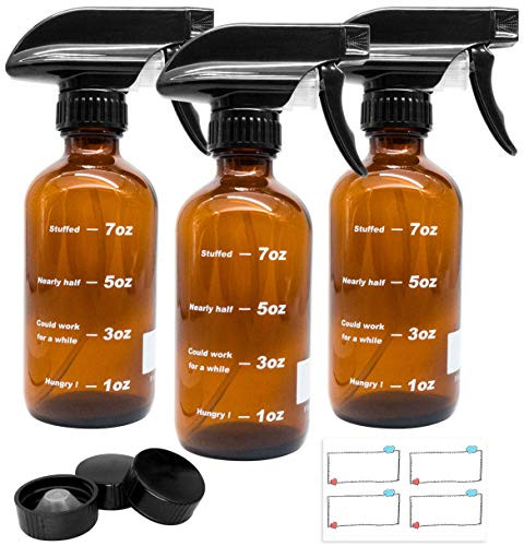 Amber Glass Spray Bottles with Measurements, Flutain 8oz Empty Refillable Fine Mist Spray Bottles for Cleaning Solutions, Essential Oils, 3 Pack