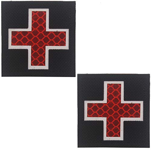 IR Reflective Medic Red Cross First Aid Tactical Military Morale Embroidered Patch with Hook and Loop Badge Appliques (Black)