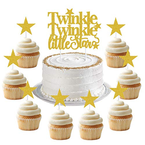 Gold Glitter Twinkle Twinkle Little Stars Cake Topper and Star Cupcake Toppers Set for Twinkle Twinkle Little Star Gender Reveal, Baby Shower and 1st Birthday Cake Decorations