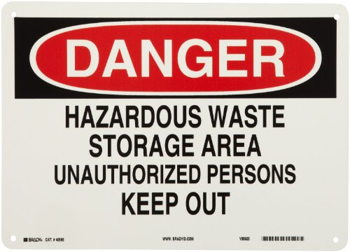 Brady 40666 14" Width x 10" Height B-555 Aluminum, Black and Red on White Admittance Sign, Header "Danger", Legend "Hazardous Waste Storage Area Unauthorized Persons Keep Out"