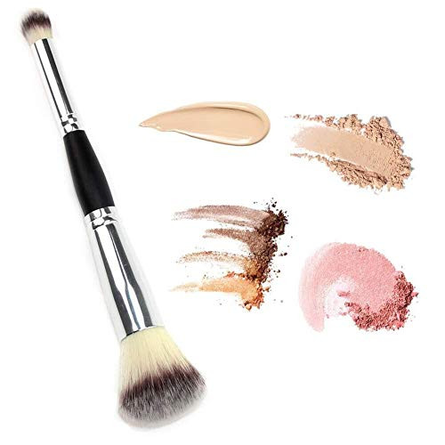 DAGEDA Double Ended Complexion Brush Face Concealer Powder Makeup Brush, Blending Liquid Foundation, Cream Cosmetics - Eye shadow brush loose brush, Blush brush, Black Handle, Vegan brush(Silver)