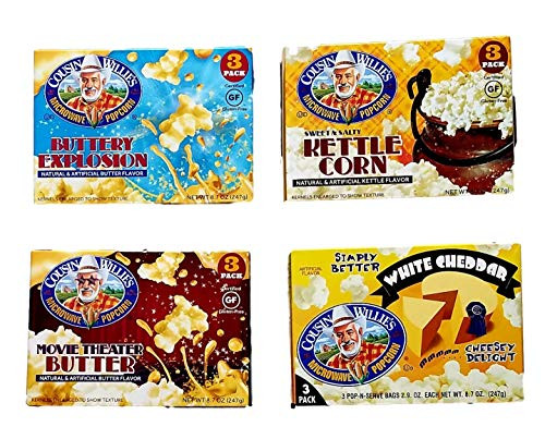 Buttery Explosion, Movie Theater Butter, Sweet & Salty Kettle Corn, White Cheddar - Cousin Willie's Microwave Popcorn - Variety Pack Bundle of 4
