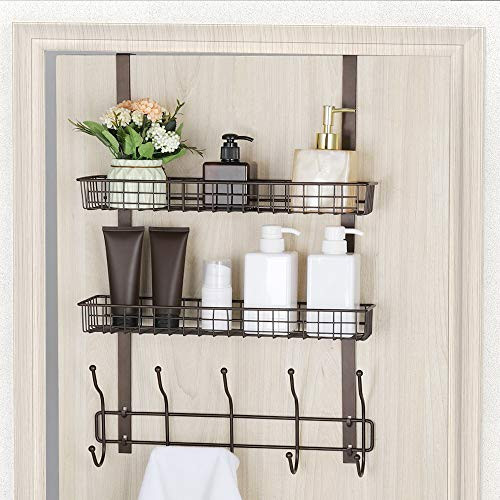 Coat Hook Metal Storage Rack with 2 Baskets & 5 Hooks Over The Door Organizer Decorative for Office, Bathroom, Bedroom