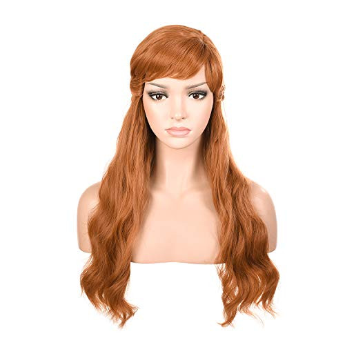 Morvally Womens Light Brown Long Wavy Prestyled Wig with Bang for Princess Cosplay Costume Halloween Party