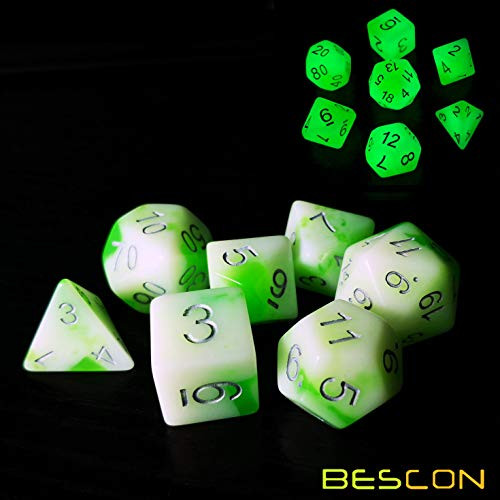 Bescon Glowing Polyhedral RPG Dice Set Luminous Jade, Bescon Glow in Dark Poly Dice Set of 7, DND Role Playing Game Dice