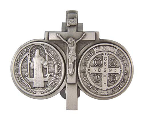 Silver-Toned Catholic Religious Crucifix with Saint Benedict Auto Visor Clip Accessories, 2 3/4 Inch