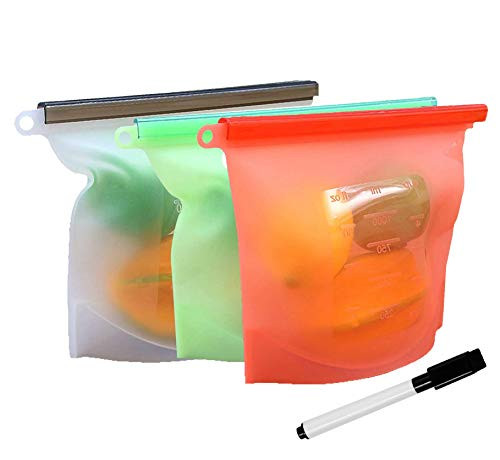 Reusable Silicone Food Storage Bag (3 Pack) | Highest Quality Leakproof Food Bag for Sandwich, Sous Vide, Snack, Lunch, Fruit, Freezer Airtight Seal, Dishwasher Safe Sandwich Bag, Ziploc