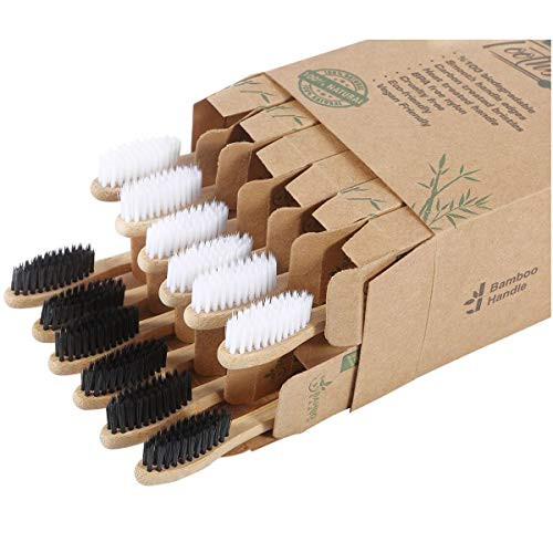 Bamboo Charcoal Toothbrush - Natural Biodegradable and Organic with 100% Eco Friendly BPA Free Bristles Smooth Wood Handle and Zero Waste Packaging - Pack of 12 Wooden Vegan Toothbrushes  BAMBOEARTH