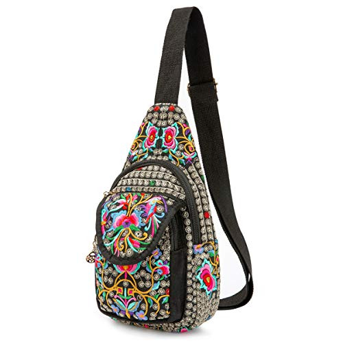 Silkarea Embroidered Canvas Sling Backpack for Women Travel Chest Bag Crossbody Backpack Purse Shoulder Bag