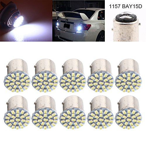 Qasim Auto Car Tail Light 1157 BAY15D 22-SMD 1206 LED Bulbs Rear Turn Signal Interior RV Camper Lamps 12V White(Pack of 10)