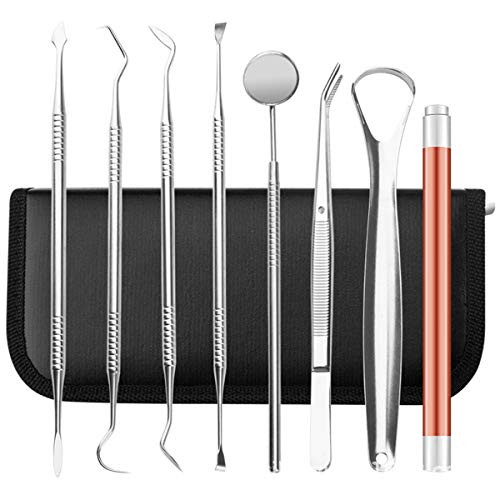Dental Tools, 8 Pack Teeth Cleaning Tools Professional Stainless Steel Dental Tools with Mouth Mirror, Tweezer, Tongue Scraper, Oral Flashlight, Tartar Scraper for Personal or Pet Oral Care