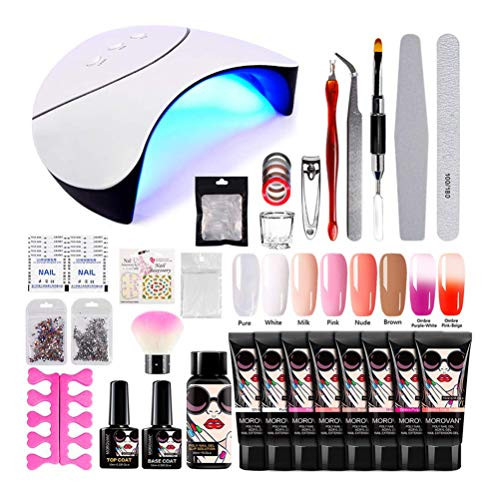Morovan Poly Nail Extension Gel Set, with 8pcs 15ml Poly Gel, 36W LED UV Curing Lamp Nail Dryer, Slip Solution, Poly Extension Nail Builder Enhancement Gel All-in-one French Kit with Nail Art Tools