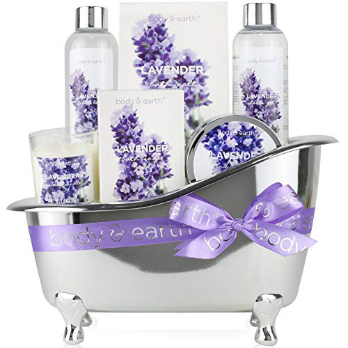 BODY & EARTH Spa Gifts for Women, Lavender Scented, Gifts Set for Women,7 Pcs Spa Gift with Shower Gel, Bubble Bath, Bath Salts,Body Lotion, Scented Candle, Best Gift for Her