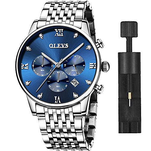 Mens Stainless Steel Watches with Day and Date,Fashion Luxury Watch Big Face with Blue Dial,OLEVS Watch Men Casual Classic Quartz Analog Waterproof Wrist Watches Chronograph Dress Watch Luminous