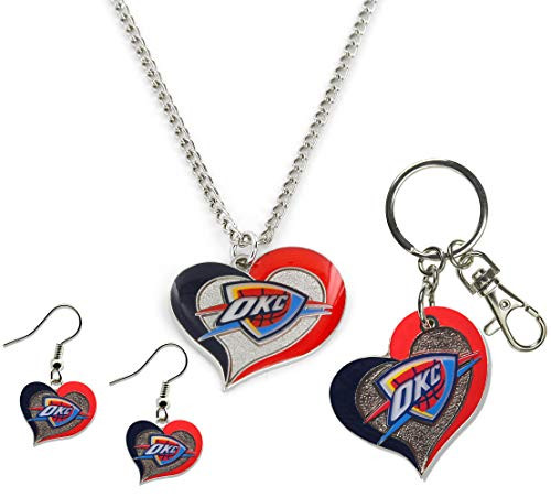 NBA Oklahoma City Thunder Swirl Heart Collection Stainless Steel Keychain, Earings and Necklace Gift Bundle