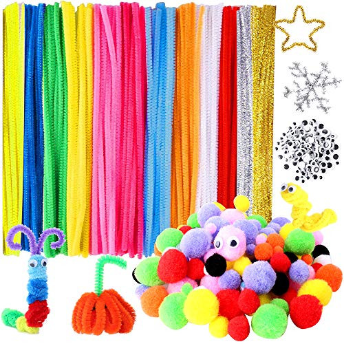 Hicdaw 470Pcs Pipe Cleaners Craft Pipe Cleaners Included 120 Pipe Cleaners 150 Wiggle Eyes 200 Pom Poms for DIY Art Craft Decorations Gift for Kids