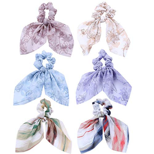 6PCS Hair Scrunchies Chiffon Rabbit Bunny Ear Bow Scarf Hair Ties Scrunchie Bobbles Elastic Bands Ponytail Holder for Women Accessories