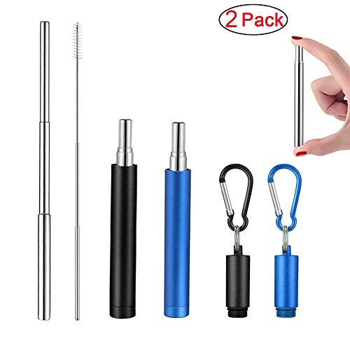 Telescopic Reusable Straws Stainless Steel Metal Collapsible Drinking Straws with Aluminum Case, Cleaning Brush, Keychain for Travel, Home, Office (Black/Blue)
