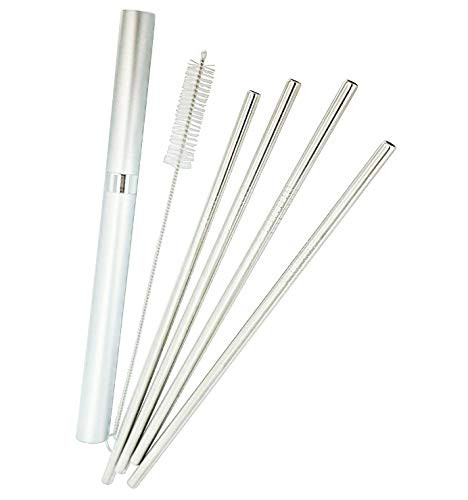 Reusable Metal Drinking Straws - Set of 4, Stainless Steel - with Aluminium Case, Cleaning Brush, Silicone Tips