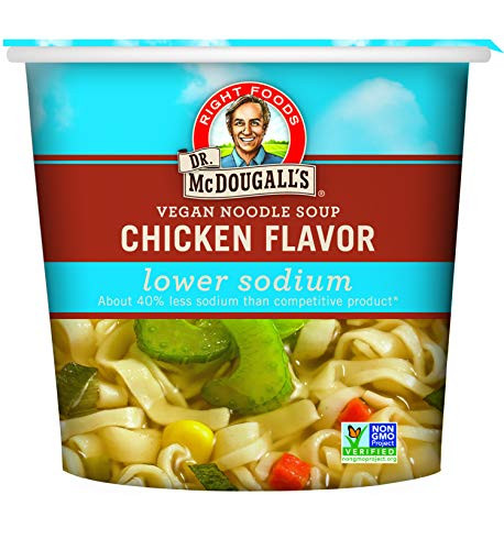 Dr. McDougall's Right Foods Vegan Chicken Flavor Noodle Soup Light Sodium, 1.4 Ounce Cups (Pack of 6) Non-GMO, No Added Oil, Paper Cups From Certified Sustainably-Managed Forests