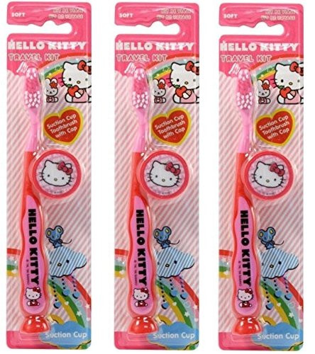 Hello Kitty Children's Tooth Brush (Pack of 3) With Cap and Suction - Toothbrush Designs Vary - Premium Quality