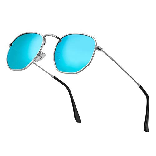 Modern Geometric Polarized Metal Slim Arms Neutral Colored Lens Hexagonal Sunglasses Men Women Square Small Vintage Frame Retro Round Mirrored Driving Shade Sun Glasses(Blue Lens/Silver Frame)