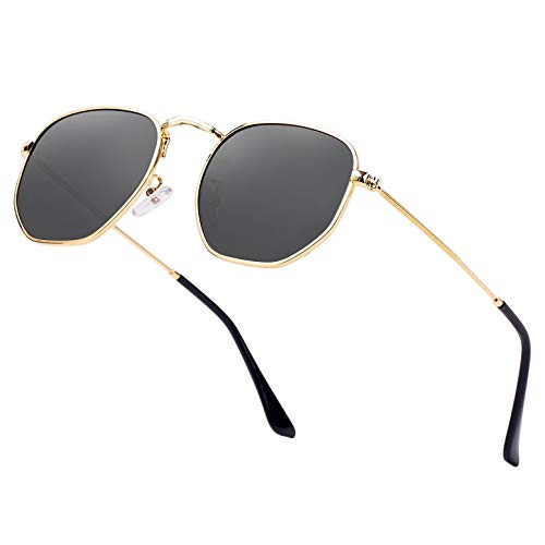 Hipster Hexagonal Polarized Sunglasses Men Women Geometric Square Small Vintage Metal Frame Retro Shade Glasses (Gold Black)