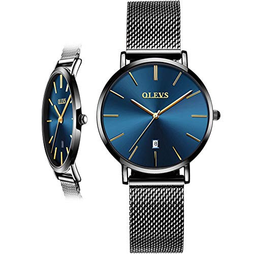 Woman Watch Mesh Black Stainless Steel,Female Watches with Date, Ultra Thin Watches for Women,Fashion Ladies Watch on Sale,Simple Quartz Ladies Watch Waterproof,Casual Lady Watches Analog Blue Dial