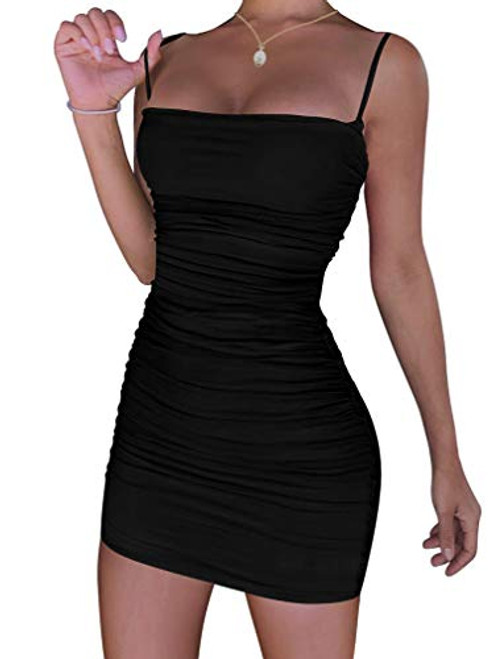 YMDUCH Women's Sexy Bodycon Party Dresses Spaghetti Strap Ruched Mini Club Dress Black