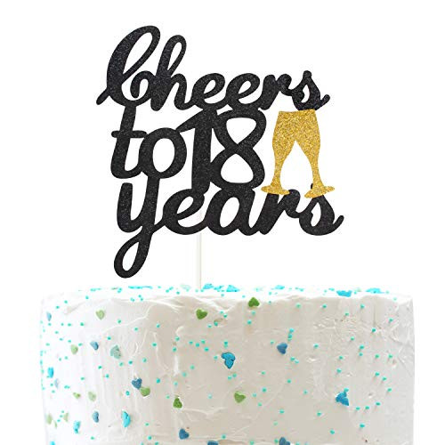 Cheers to 18 years Cake Topper, Eighteen Birthday 18th Anniversary Party Decorations?Double Sided Black Glitter )
