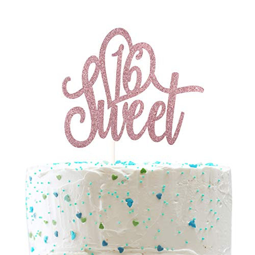 Sweet 16 Cake Topper Celebrate 16th Birthday Party Decorations Happy Sweet Sixteen Sign (Double Sided Rose Gold Glitter)