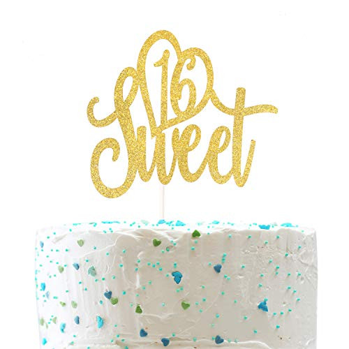 Sweet 16 Cake Topper Celebrate 16th Birthday Party Decorations Happy Sweet Sixteen Sign (Double Sided Gold Glitter)