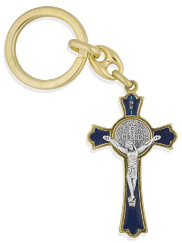 Catholic Saint Benedict Key Chain with 2" Cross Fob (Gold with Blue Enamel)