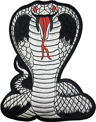 [Large Size] Papapatch Fanged Cobra Snake Serpent Attack Striking Biker Motorcycle Jacket Vest Costume Embroidered Sew on Iron on Patch - White (IRON-COBRA-WH-LARGE)
