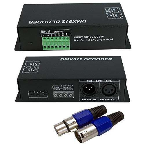 AKEPO LED DMX 4CH Digital Display Decoder, Dimming Driver LED DMX512 Controller for RGBW Strip Light DC12-24V 4A/CH (4 Channel with Display)