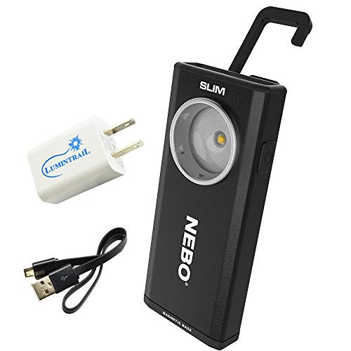 NEBO Slim LED Rechargeable Pocket Light Flashlight 500 Lumen Bundle with a Lumintrail USB Wall Adapter (Black)