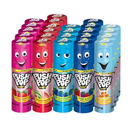 Push Pop Candy Assortment in Bulk 24 Pack  Blue Raspberry, Watermelon, Strawberry, Cotton Candy & Mystery Flavors