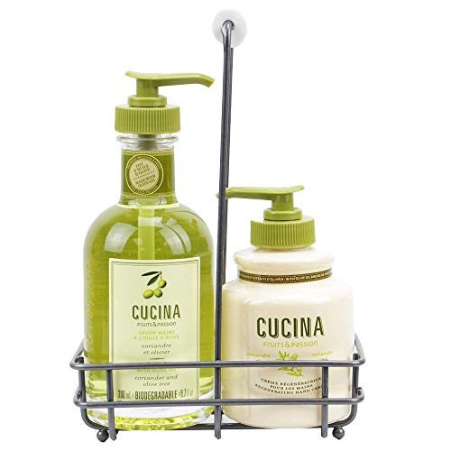 Fruits & Passion [Cucina] - Coriander & Olive Tree Scented Liquid Hand Soap and Lotion Set with Caddy, Antibacterial Hand Wash Soap (5.1 fl oz) with Hand Cream Gift Set (6.8 fl oz)