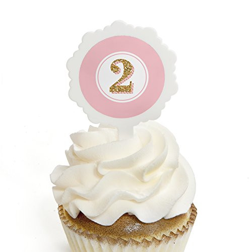 Two Much Fun - Girl - Cupcake Picks with Stickers - 2nd Birthday Party Cupcake Toppers - 12 Count