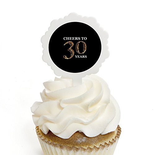 Adult 30th Birthday - Gold - Cupcake Picks with Stickers - Birthday Party Cupcake Toppers - 12 Count