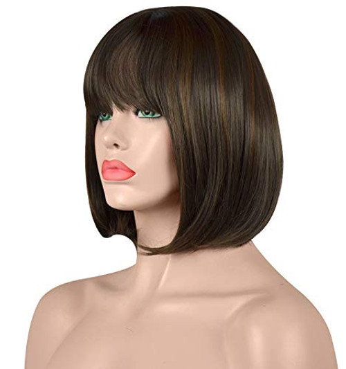 Sofeiyan Short Straight Brown Bob Wigs 11 inch Synthetic with Bangs Daily Party Cosplay Hair Wig for Black Women, Brown with Auburn Highlights