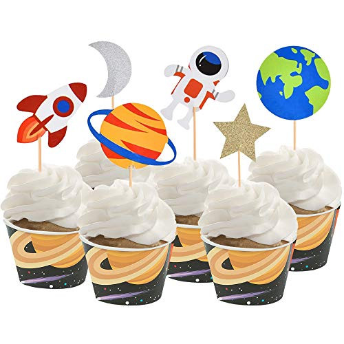 30 PCS Outer Space Cupcake Toppers Planet Party Supplies Birthday Decorations Rocket Astronaut Cupcake Decoration Outer Space Spaceship Themed Kids Children Party Supplies
