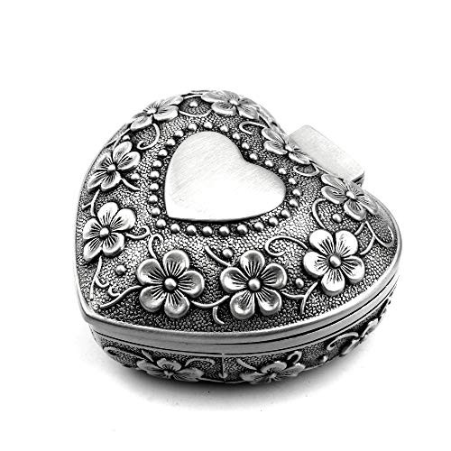 Luxuryseed Classic Vintage Smart Heart Shape Trinket Box Antique Silver Jewelry Box Small Trinket Storage Organizer Chest