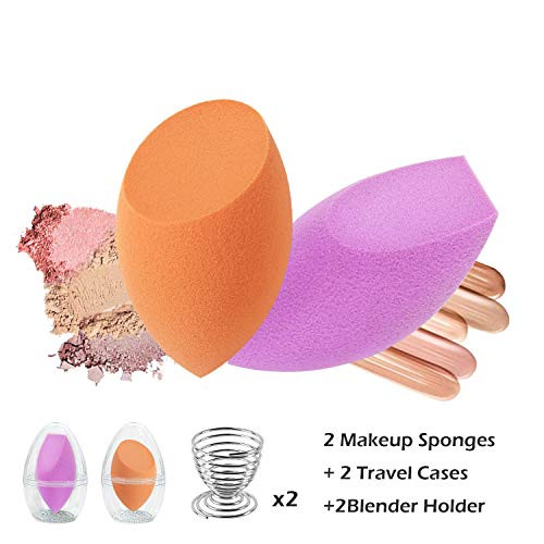 FAMATE Makeup Sponge Set Latex-Free Blender Beauty Sponge Flawless Foundation Blending Sponge For Concealer, Powder, Makeup Blender Holder & Travel Cases (Orange+Puple)
