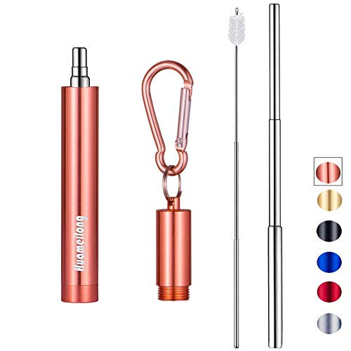[Updated] Portable Collapsible Reusable Straws - Telescopic Stainless Steel Metal Drinking Straw with Case, Cleaning Brush and Keychain, by Huameilong (Rose Gold)