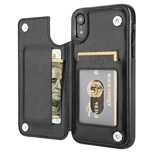 Aoksow iPhone XR Wallet Case, Premium PU Leather Kickstand Card Holder Case Double Magnetic Clasp Durable Shockproof Card Slots Cover for iPhone XR 6.1 Inch (Black)