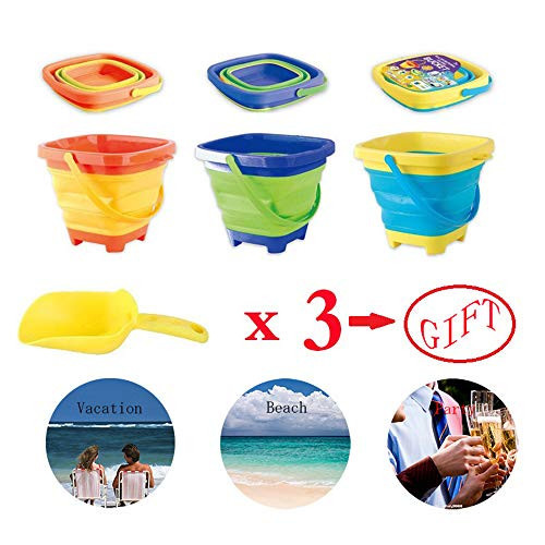 RANLUP 6.7" Inch Beach Pails Sand Buckets and Sand Shovels Set for Kids,Cute Beach Toys,Foldable Bucket Portable Silicone Pail for Kids Beach Play, 2.5L, 3PCS