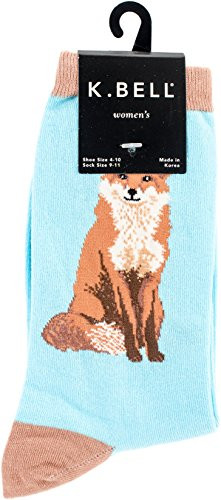 K. Bell Women's Playful Animals Novelty Casual Crew Socks, Fox (Blue), Shoe Size: 4-10