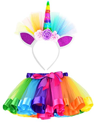 LYLKD Little Girls Layered Rainbow Tutu Skirts with Unicorn Horn Headband (Rainbow, M,2-4 Years)